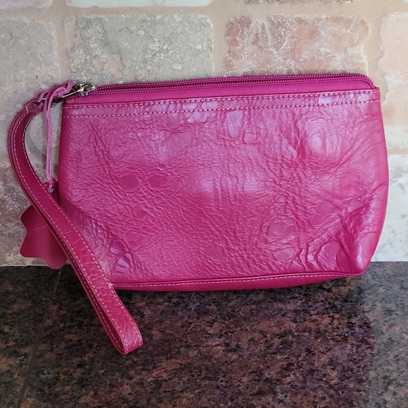 CHARLIE LAPSON Nwot Pink Embossed Leather Wristlet